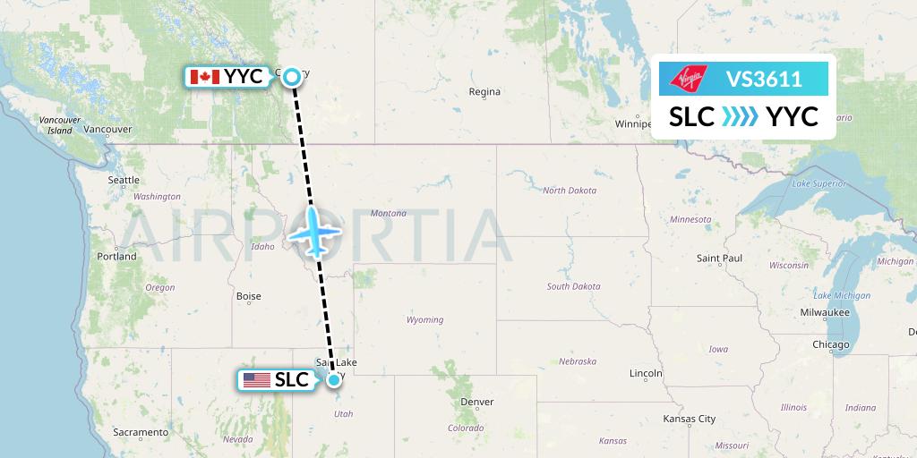 VS3611 Virgin Atlantic Airways Flight Map: Salt Lake City to Calgary