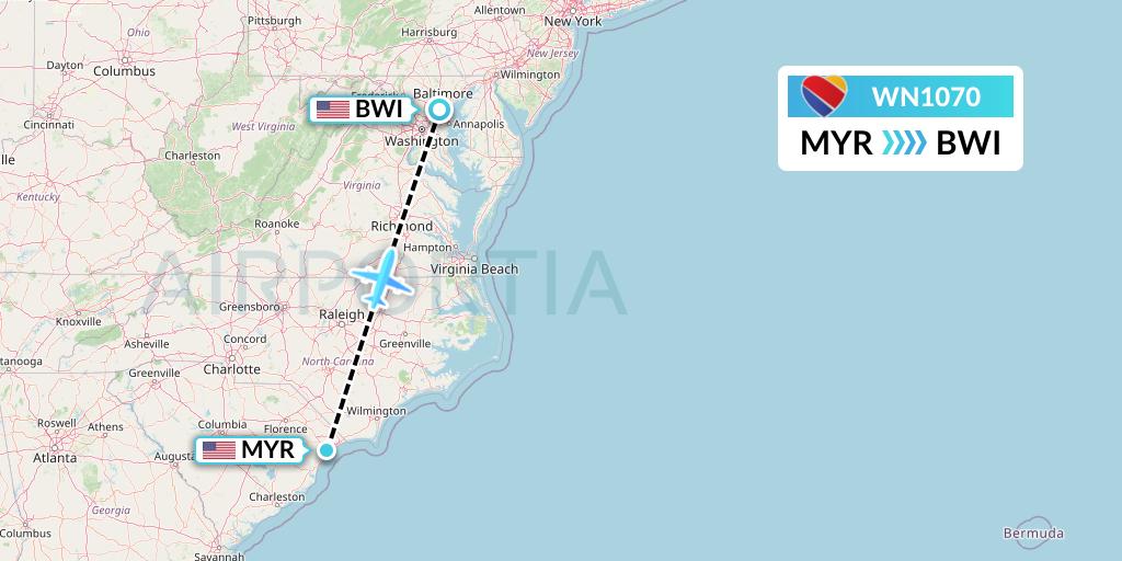 WN1070 Southwest Airlines Flight Map: Myrtle Beach to Baltimore