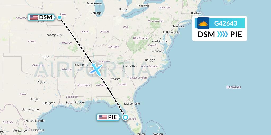 G42643 Allegiant Air Flight Map: Des Moines to St. Petersburg