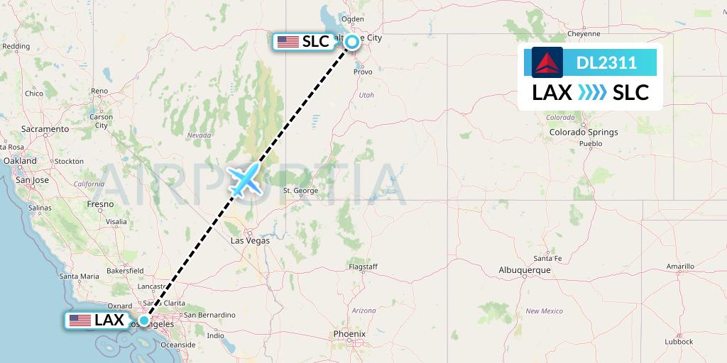 DL2311 Delta Air Lines Flight Map: Los Angeles to Salt Lake City