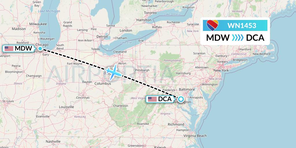 WN1453 Southwest Airlines Flight Map: Chicago to Washington