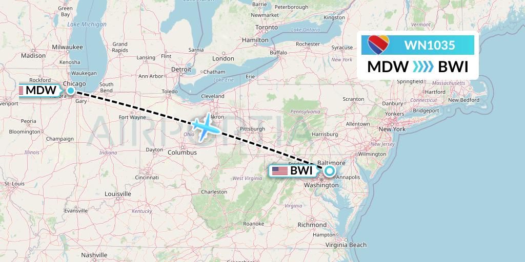 WN1035 Southwest Airlines Flight Map: Chicago to Baltimore