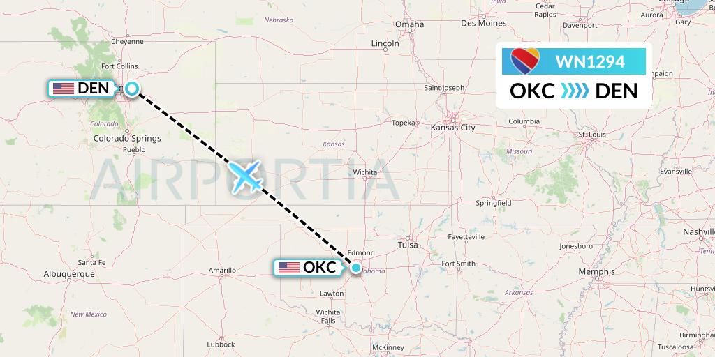 WN1294 Southwest Airlines Flight Map: Oklahoma City to Denver