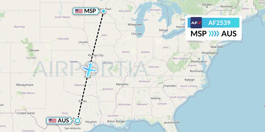 AF2539 Air France Flight Map: Minneapolis to Austin