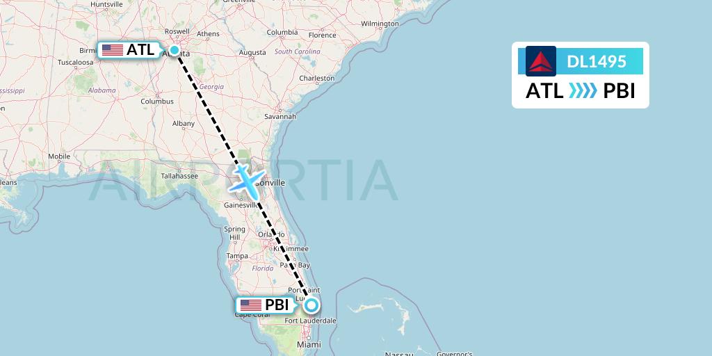 DL1495 Delta Air Lines Flight Map: Atlanta to West Palm Beach