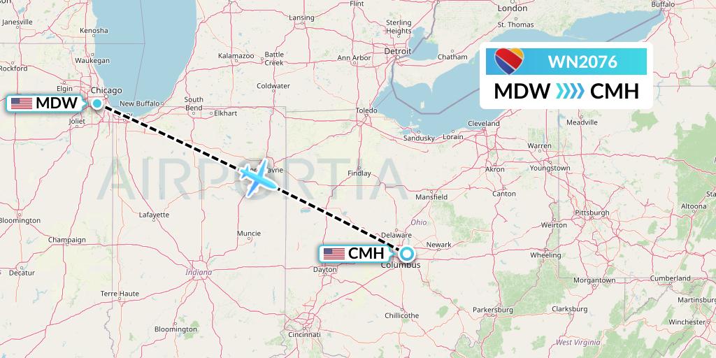 WN2076 Southwest Airlines Flight Map: Chicago to Columbus