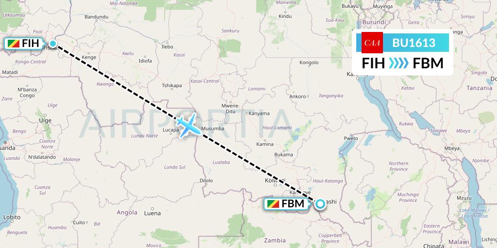BU1613 flyCAA Flight Map: Kinshasa to Lubumbashi