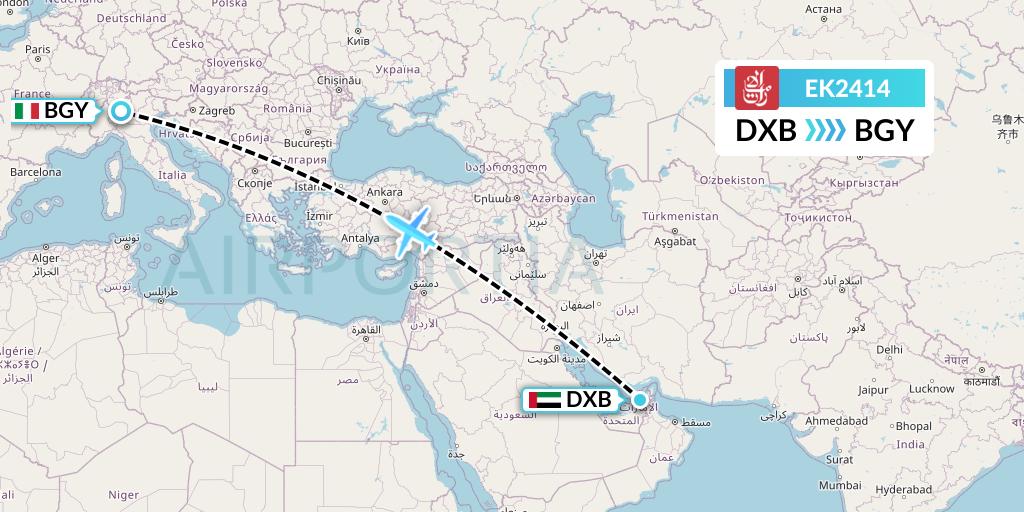 EK2414 Emirates Flight Map: Dubai to Milan