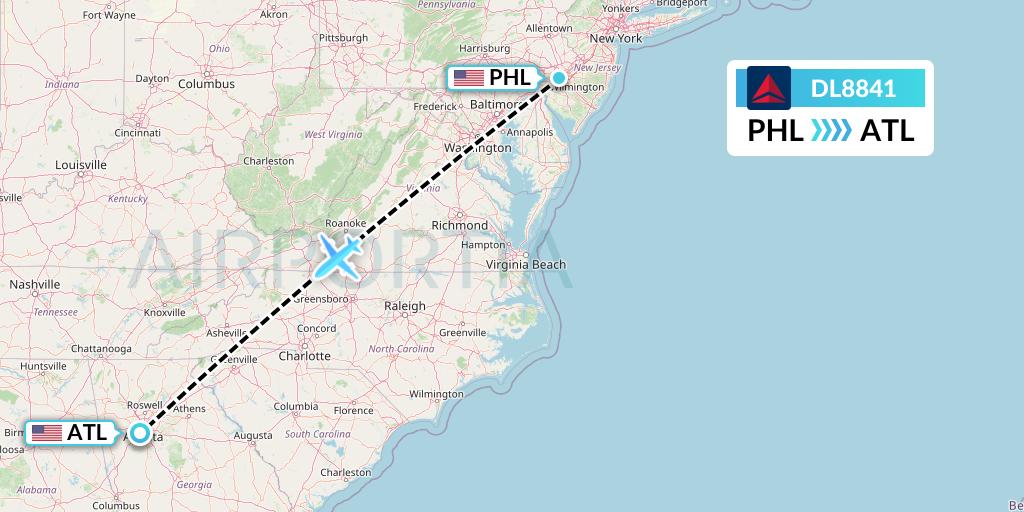 DL8841 Delta Air Lines Flight Map: Philadelphia to Atlanta