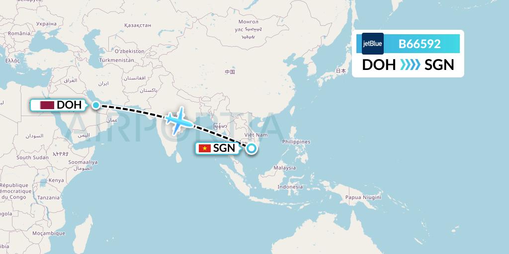 B66592 JetBlue Airways Flight Map: Doha to Ho Chi Minh City