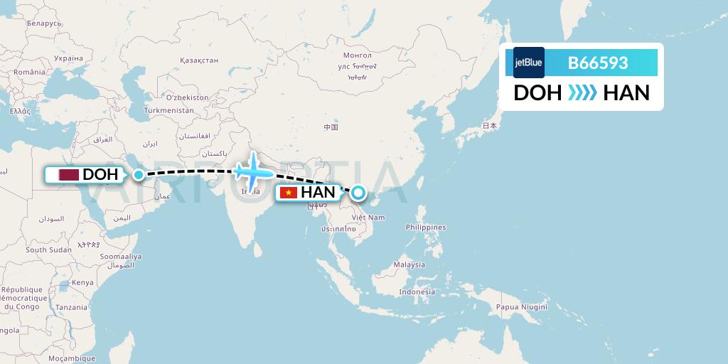B66593 JetBlue Airways Flight Map: Doha to Hanoi
