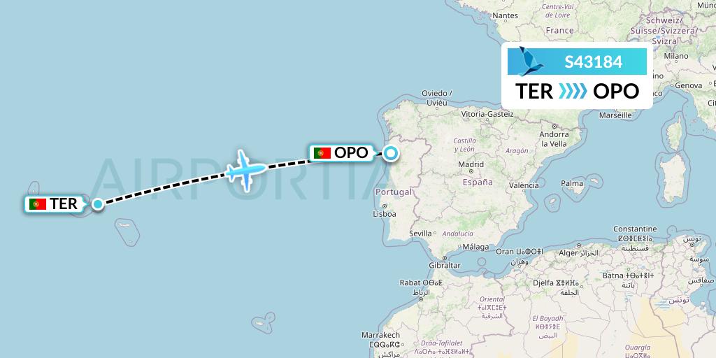 S43184 Azores Airlines Flight Map: Lajes to Porto