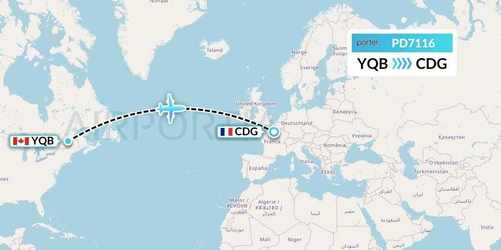 PD7116 Porter Airlines Flight Map: Quebec to Paris