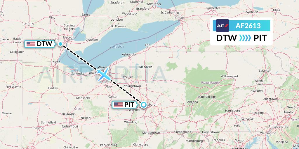 AF2613 Air France Flight Map: Detroit to Pittsburgh
