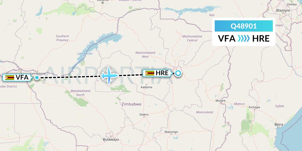 Q48901 Euroairlines Flight Map: Victoria Falls to Harare