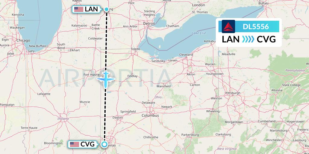 DL5556 Delta Air Lines Flight Map: Lansing to Cincinnati