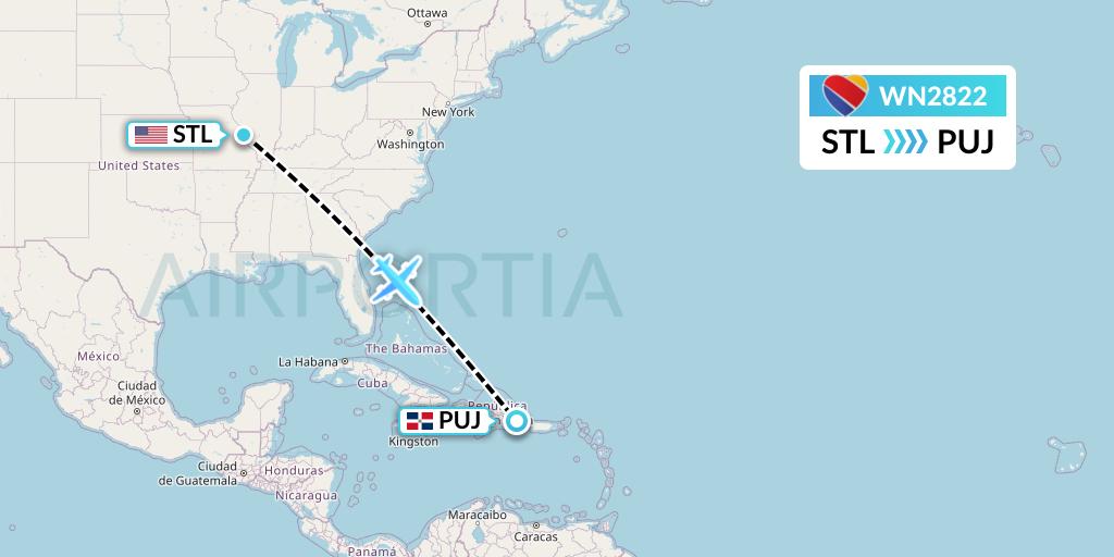 WN2822 Southwest Airlines Flight Map: St. Louis to Punta Cana