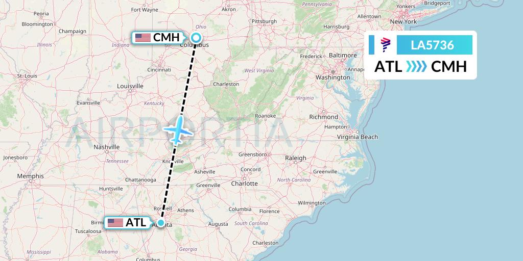 LA5736 LAN Airlines Flight Map: Atlanta to Columbus