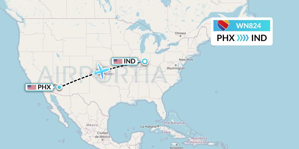 WN824 Southwest Airlines Flight Map: Phoenix to Indianapolis