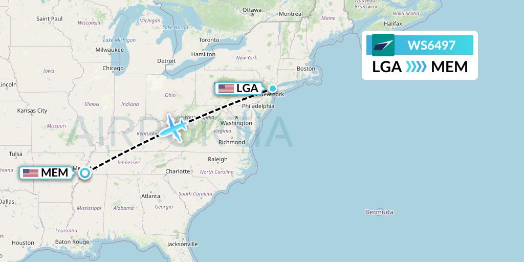 WS6497 WestJet Flight Map: New York to Memphis