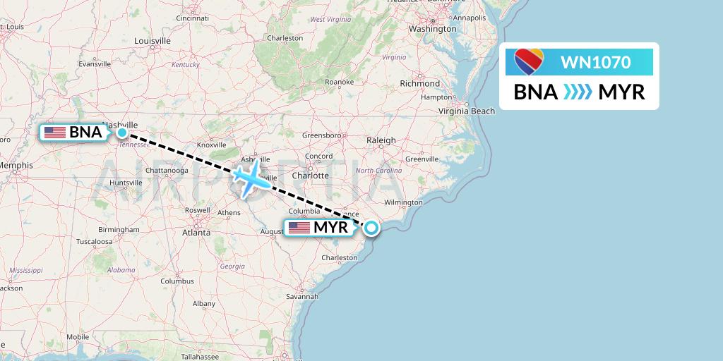 WN1070 Southwest Airlines Flight Map: Nashville to Myrtle Beach