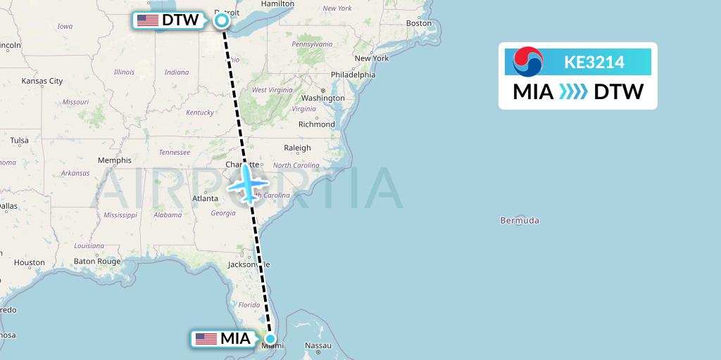 KE3214 Korean Air Flight Map: Miami to Detroit