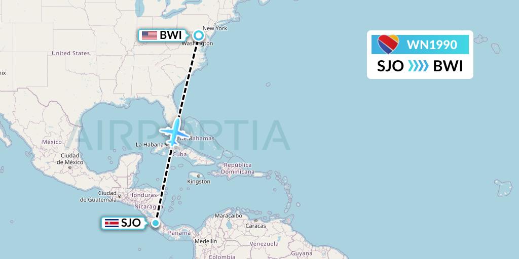 WN1990 Southwest Airlines Flight Map: San Jose to Baltimore