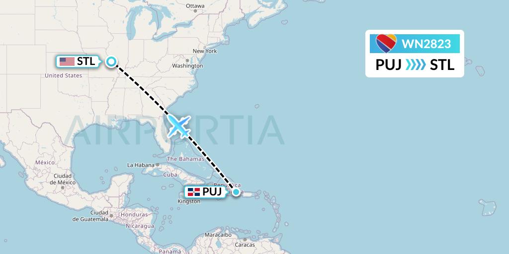 WN2823 Southwest Airlines Flight Map: Punta Cana to St. Louis