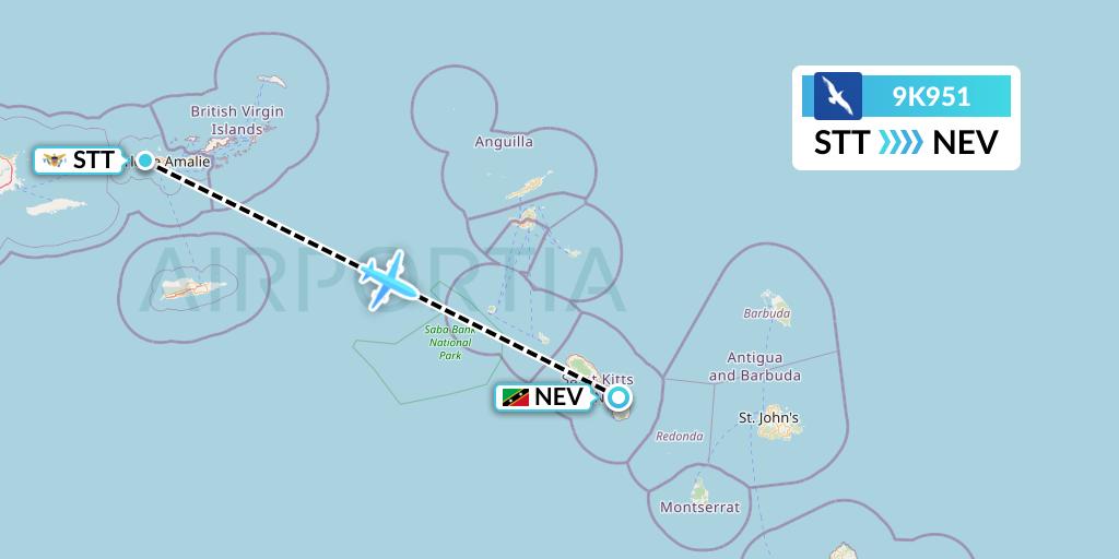 9K951 Cape Air Flight Map: St. Thomas to Nevis