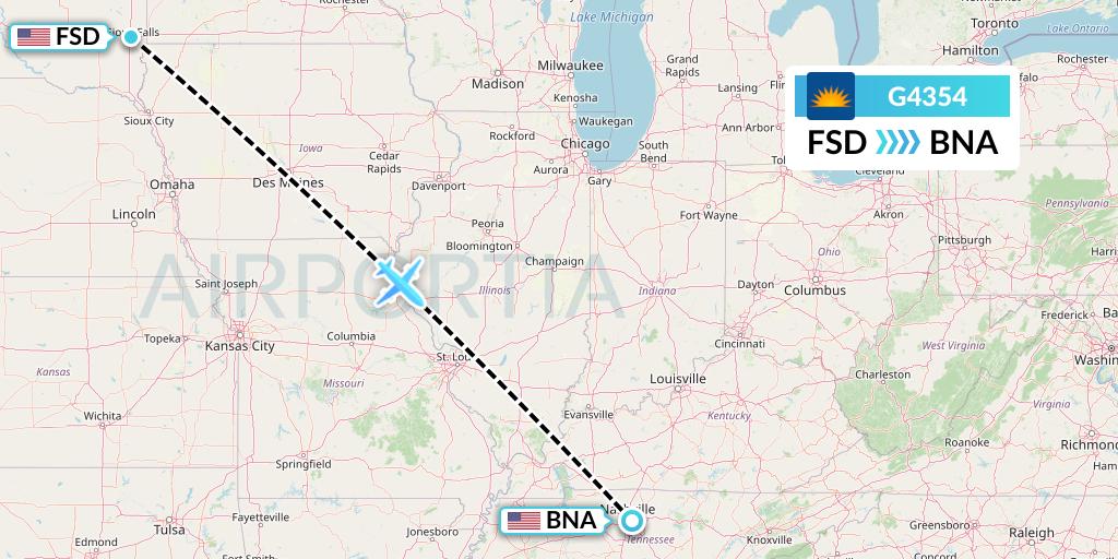G4354 Allegiant Air Flight Map: Sioux Falls to Nashville