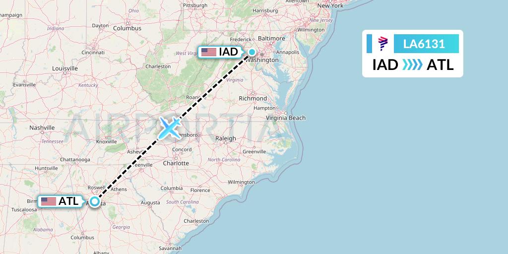 LA6131 LAN Airlines Flight Map: Washington to Atlanta