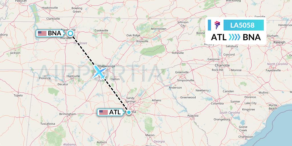 LA5058 LAN Airlines Flight Map: Atlanta to Nashville