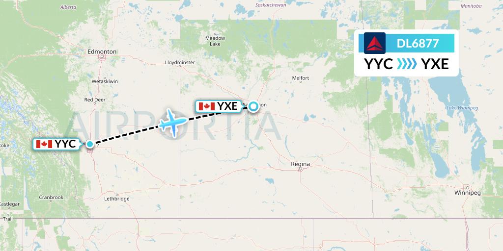 DL6877 Delta Air Lines Flight Map: Calgary to Saskatoon