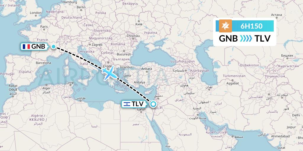6H150 Israir Airlines Flight Map: Grenoble to Tel Aviv