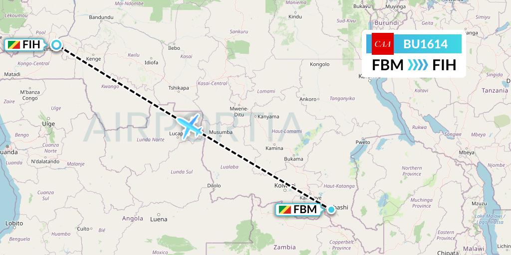 BU1614 flyCAA Flight Map: Lubumbashi to Kinshasa