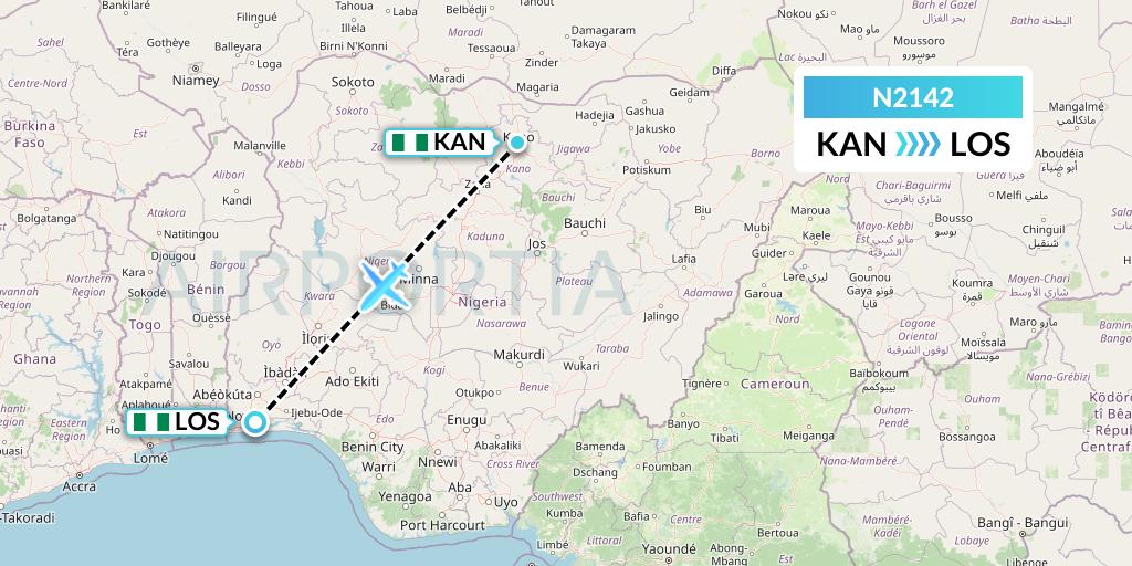 N2142 Aero Contractors Company Of Nigeria Flight Map: Kano to Lagos