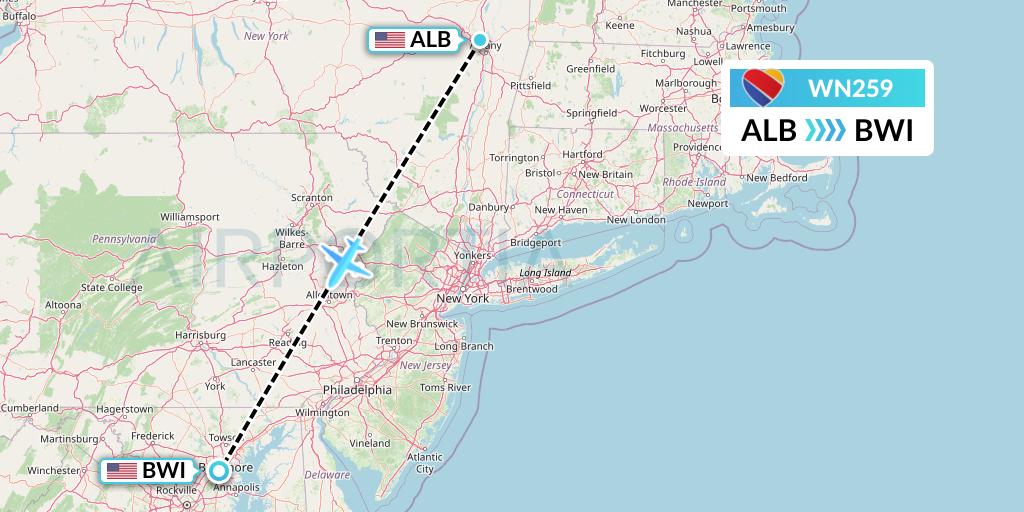 WN259 Southwest Airlines Flight Map: Albany to Baltimore