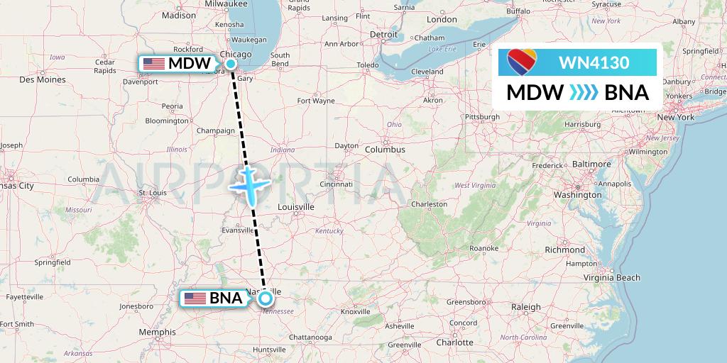WN4130 Southwest Airlines Flight Map: Chicago to Nashville