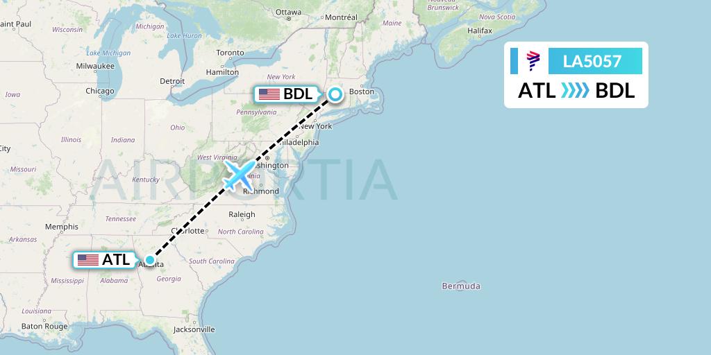 LA5057 LAN Airlines Flight Map: Atlanta to Windsor Locks