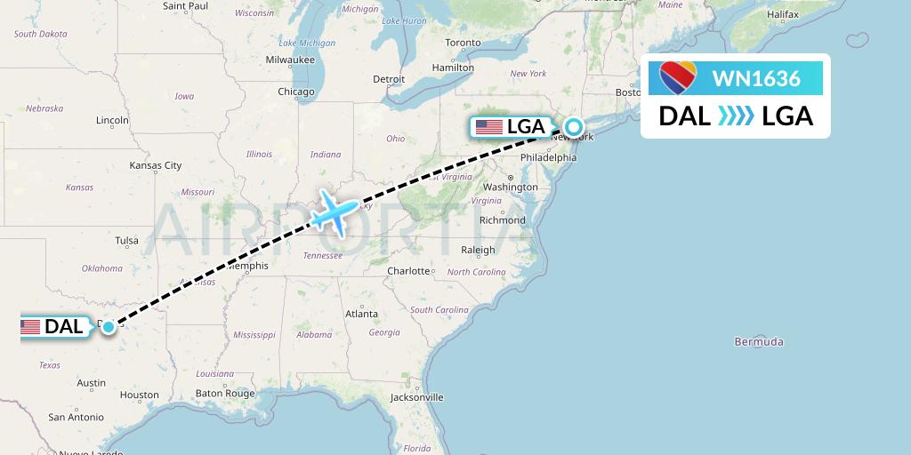 WN1636 Southwest Airlines Flight Map: Dallas to New York