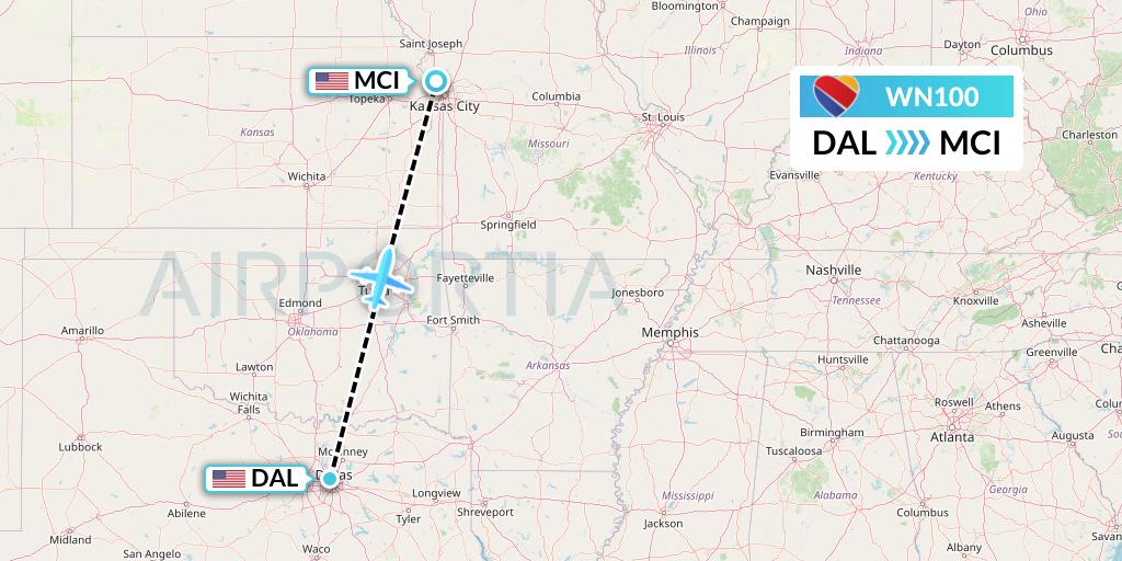 WN100 Southwest Airlines Flight Map: Dallas to Kansas City