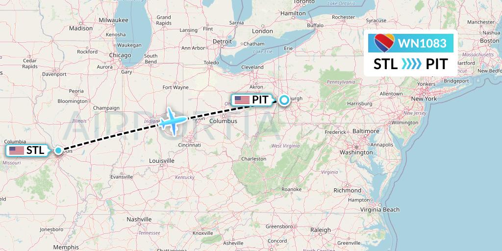 WN1083 Southwest Airlines Flight Map: St. Louis to Pittsburgh
