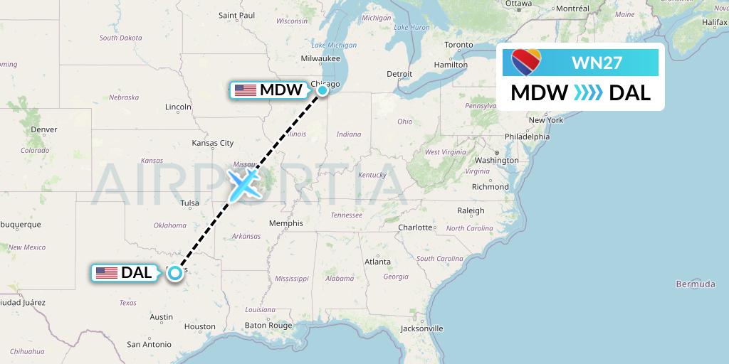 WN27 Southwest Airlines Flight Map: Chicago to Dallas