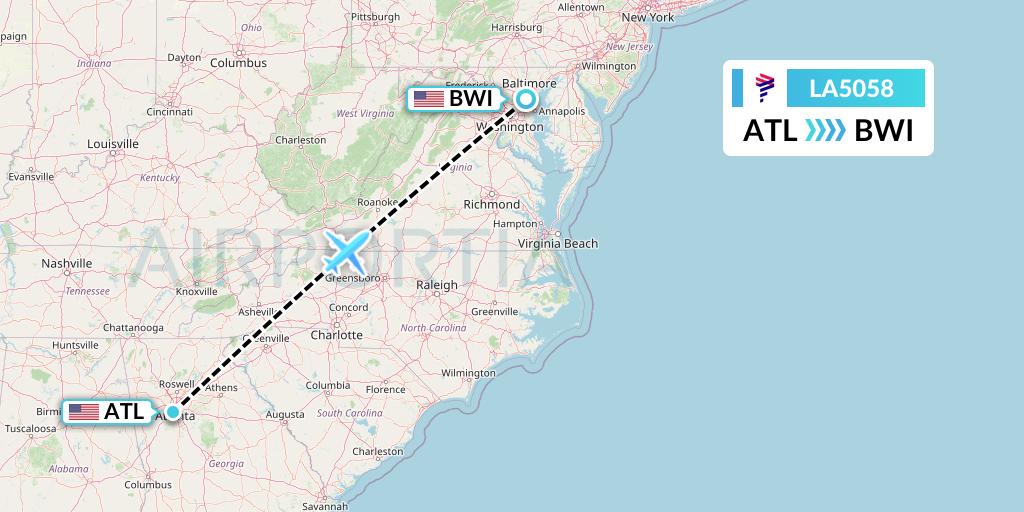 LA5058 LAN Airlines Flight Map: Atlanta to Baltimore
