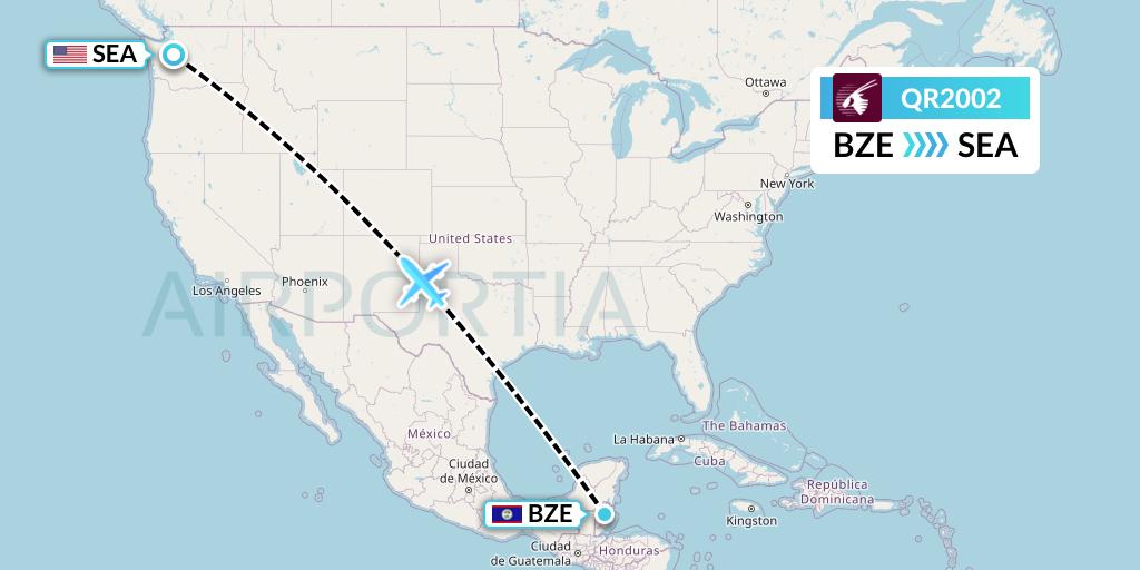 QR2002 Qatar Airways Flight Map: Belize City to Seattle