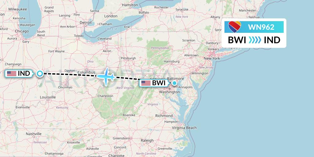 WN962 Southwest Airlines Flight Map: Baltimore to Indianapolis