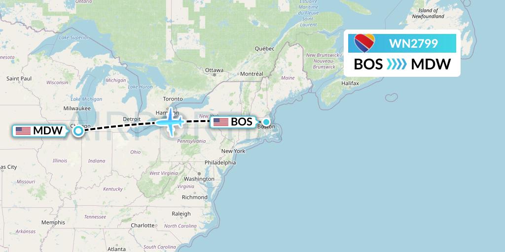 WN2799 Southwest Airlines Flight Map: Boston to Chicago