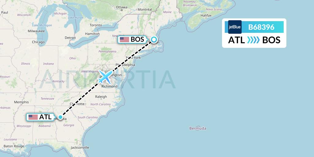 B68396 JetBlue Airways Flight Map: Atlanta to Boston