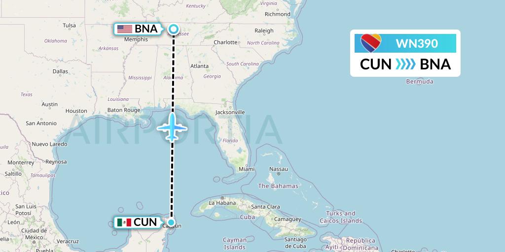 WN390 Southwest Airlines Flight Map: Cancun to Nashville