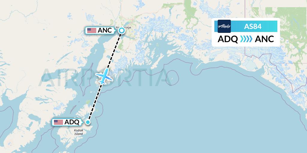 AS84 Alaska Airlines Flight Map: Kodiak to Anchorage